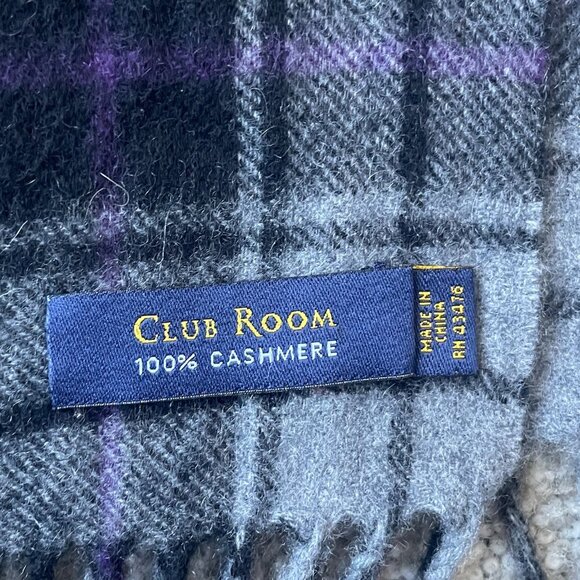 Club Room 100% Cashmere Grey Plaid Scarf - Picture 3 of 6